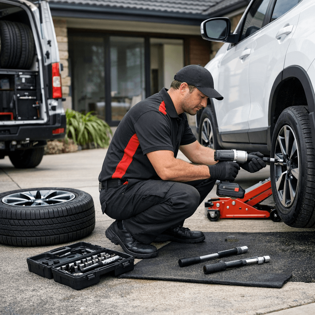 Person changing a car wheel at a customer's private residence, with a modern home in the background, focusing on care and precision.
