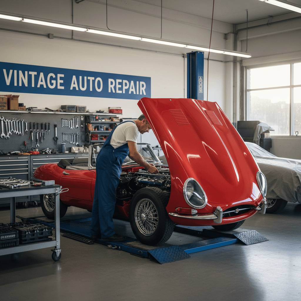 Classic car undergoing professional maintenance in Pfeffer's Car Cave workshop