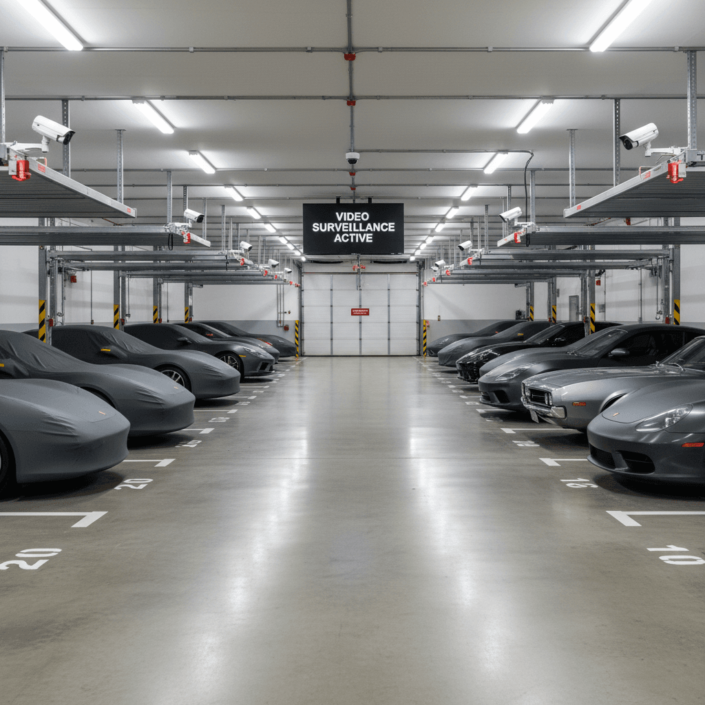Dry, secure storage area with multiple classic vehicles protected from elements