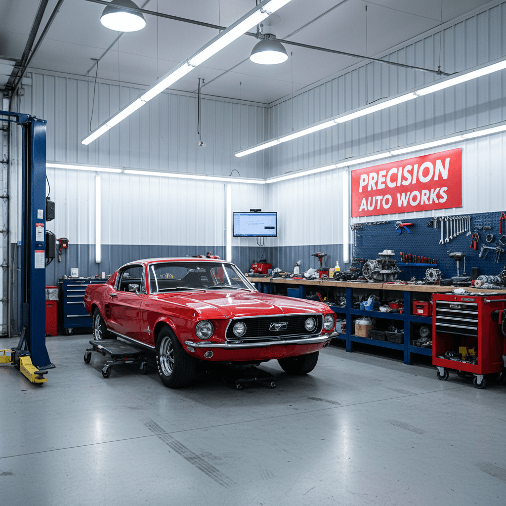 Classic car undergoing maintenance in our climate-controlled workshop
