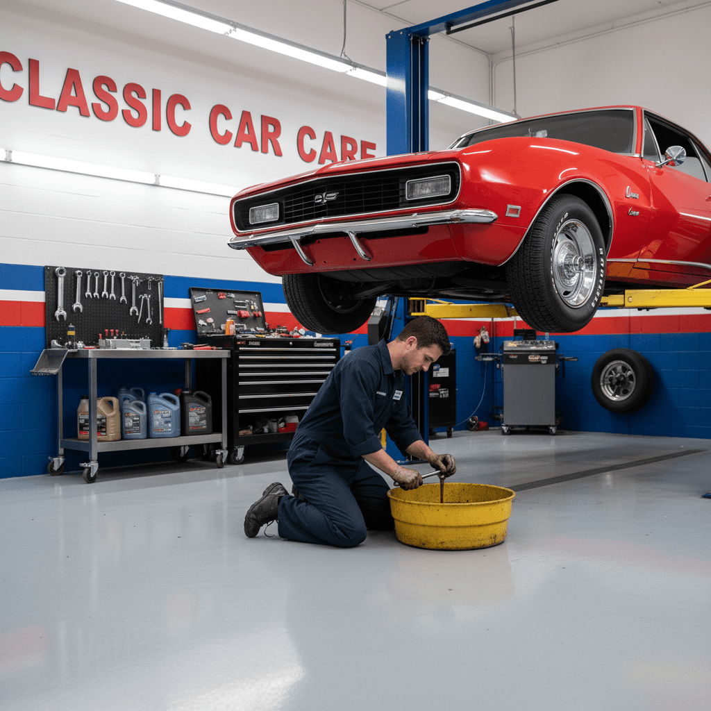 Oil change service on classic car