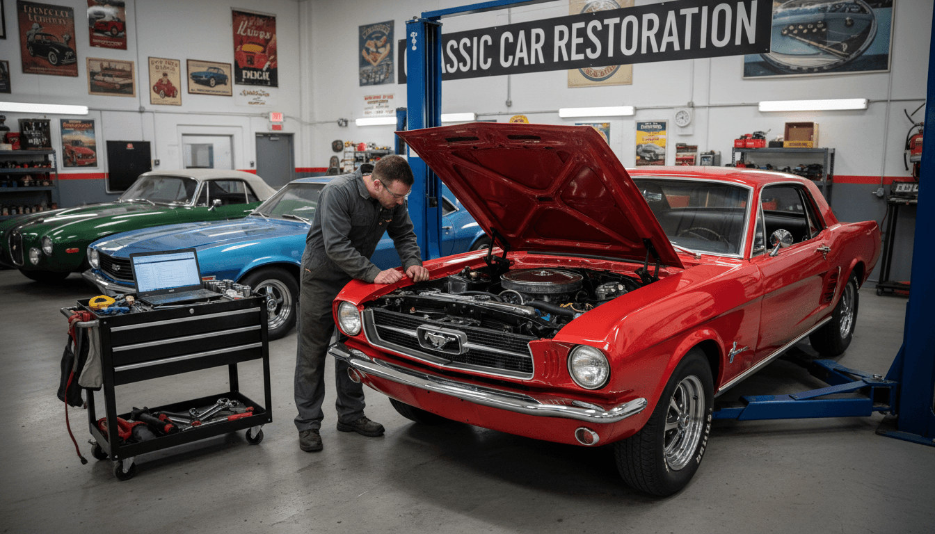 Professional car maintenance and inspection in workshop