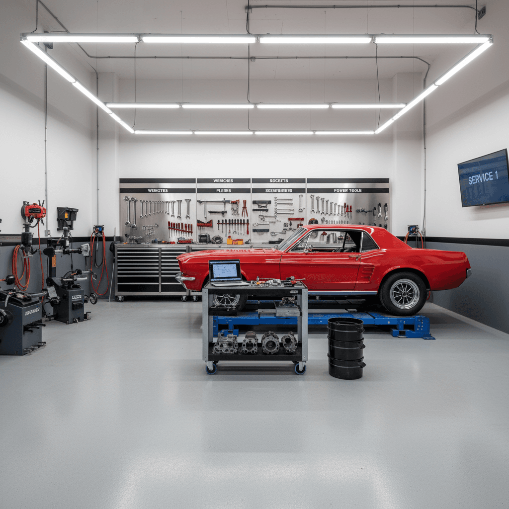 Well-maintained workshop with tools for oil changes and brake service