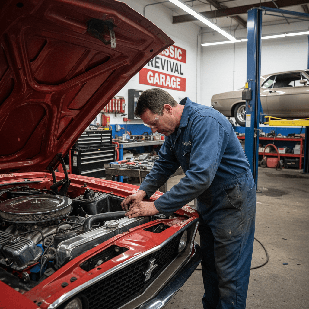Mechanic performing maintenance on classic car