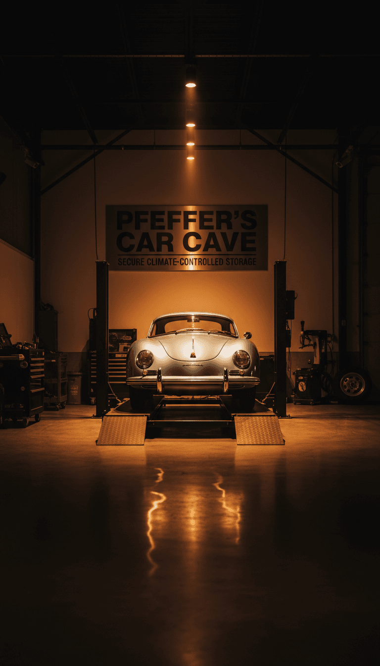 Classic car securely stored in Pfeffer's Car Cave climate-controlled facility with professional workshop equipment visible