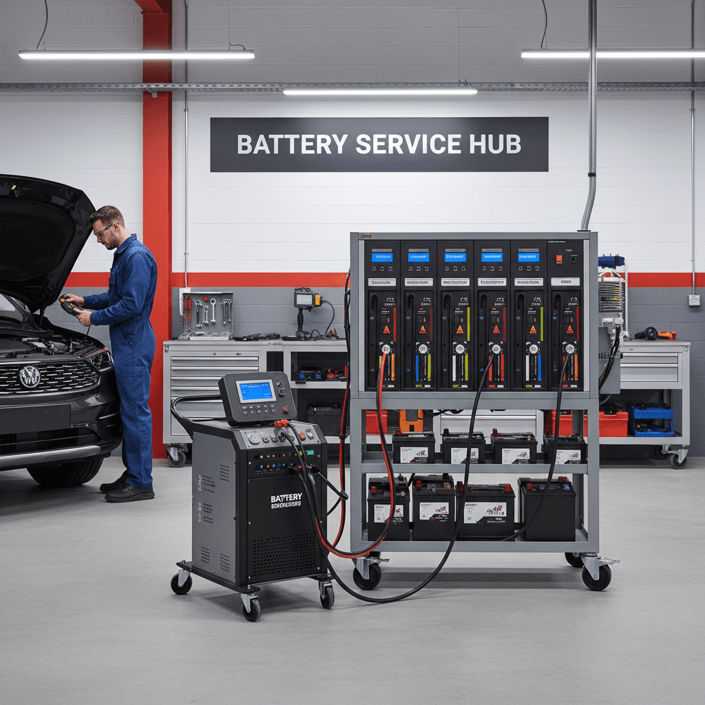 Battery maintenance service station keeping classic cars ready for the season