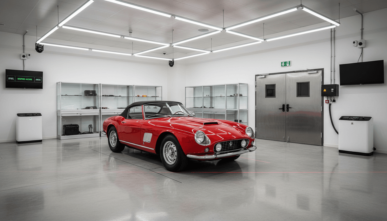 Classic car safely stored in Pfeffer's Car Cave workshop with video surveillance and professional maintenance setup