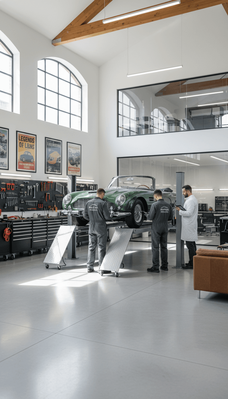 Interior of Pfeffer's Car Cave workshop showing secure vehicle storage and maintenance area