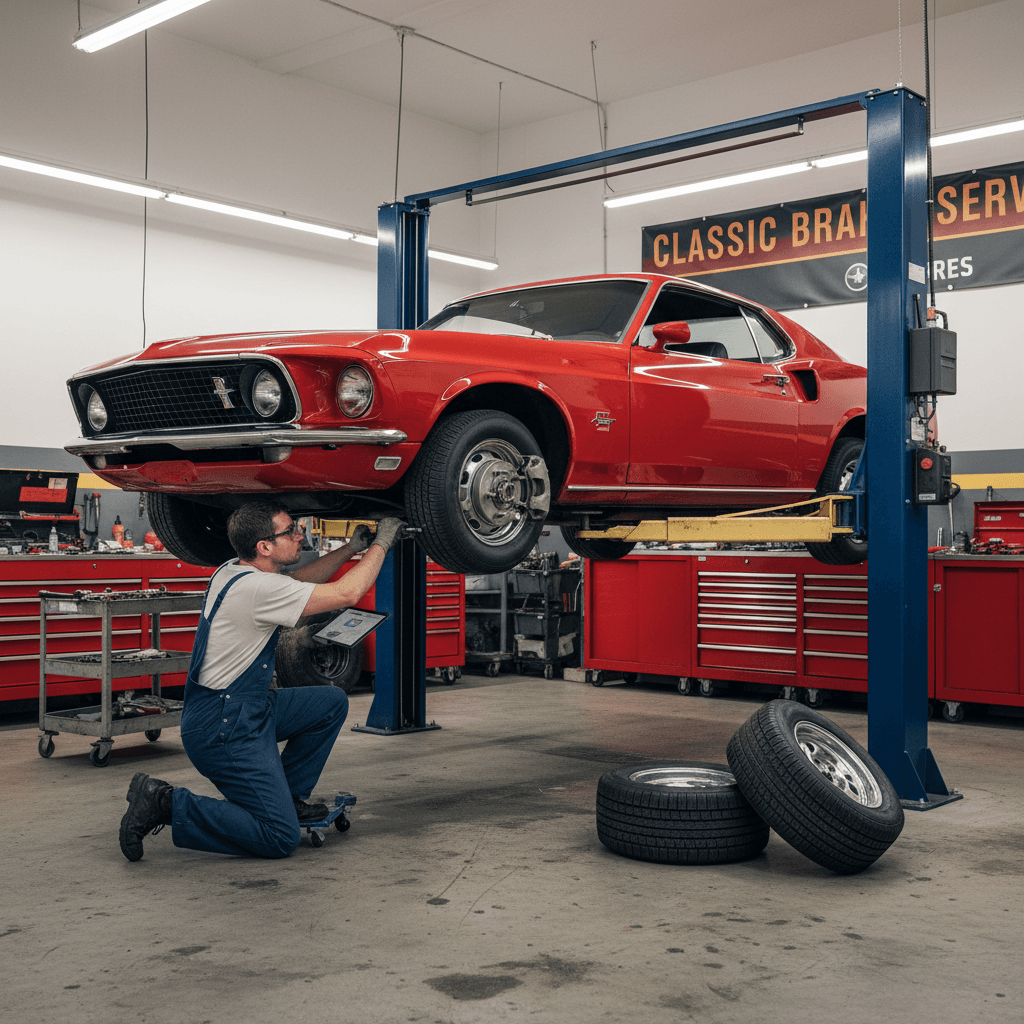 Brake inspection and maintenance work on lifted classic vehicle