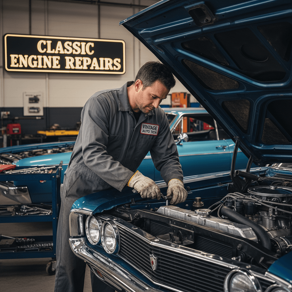 Detailed mechanical inspection of classic car engine and components