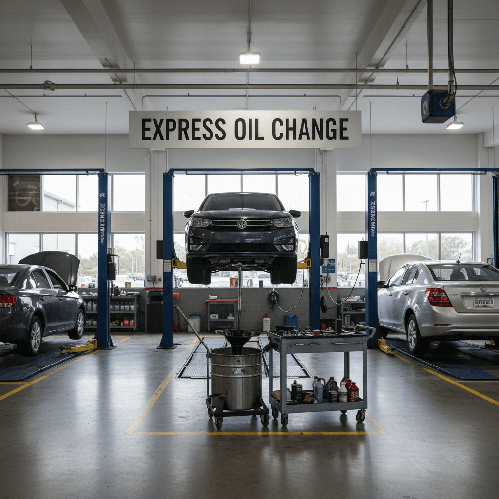 Oil change service station with complete automotive maintenance equipment