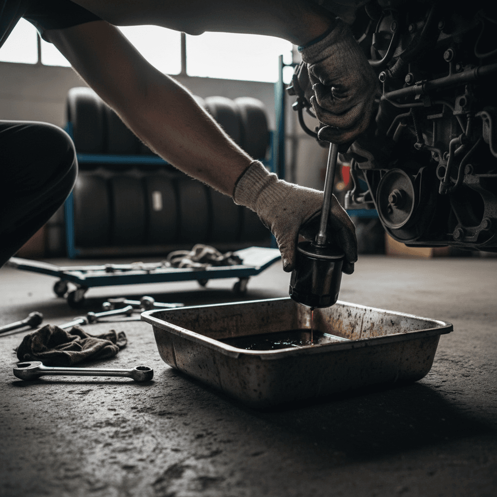 Oil change service on classic car