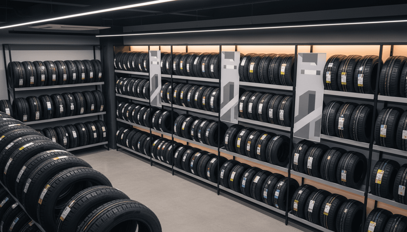 Organized overhead view of tiered tire display wall showing variety of brands and sizes in modern retail showroom